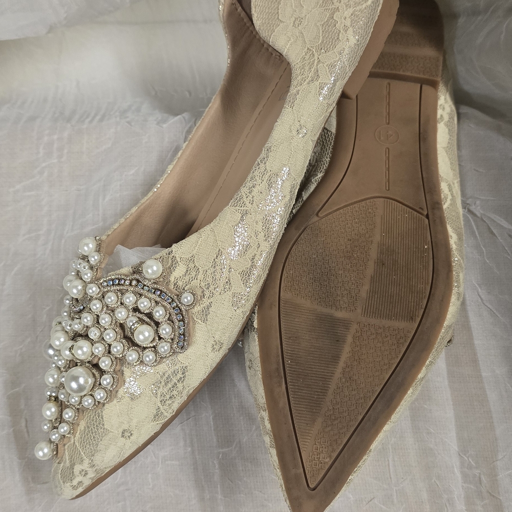 Women's Cream Embellished Flats - Picture 3 of 4